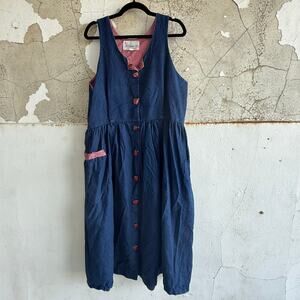Vintage Denim Dress Button Front Jumper Apple Buttons Gingham Trim Cottagecore L